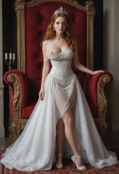 UHD 8K, extreme realism, maximum detail, Busty 18 year old redhead girl, slim figure, tight butt, full body, wavy red hair, sexy butt, detailed skin, real lighting An 18th century princess wearing a Victorian era silver dress, white crown and one bare breast. Full length on the iron throne