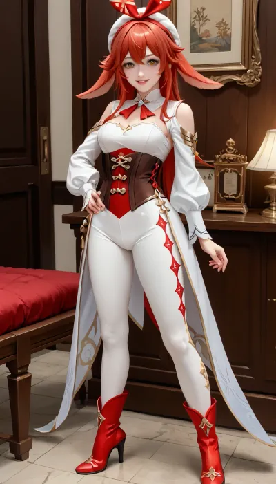 Amber from Genshin Impact, in full growth, 2d art, anime style, 2d, dressed amber from Genshin impact, tight red and white suit, red and white tight suit, white fabric insert on the chest, brown corset over the suit, shorts, tight shorts, red nylon tights, tight leggings, high boots with high pointed heels, in the bedroom, smile, a headband with long ears, cute a headband with long ears.