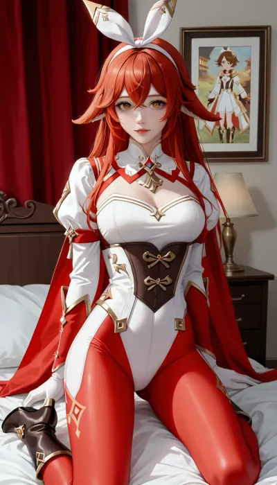 Amber from Genshin Impact, in full growth, 2d art, anime style, 2d, dressed amber from Genshin impact, tight red and white suit, red and white tight suit, white fabric insert on the chest, red-brown sleeves, white gloves, brown corset over the suit, shorts, tight shorts, red nylon tights, tight leggings, high boots with high pointed heels, in the bedroom, a headband with long ears, cute a headband with long ears.