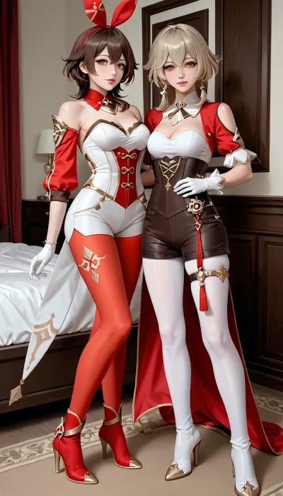 Amber from Genshin Impact, in full growth, 2d art, anime style, 2d, dressed amber from Genshin impact, long brown hair, tight red and white suit, red and white tight suit, white fabric insert on the chest, red-brown sleeves, white gloves, brown corset over the suit, shorts, tight shorts, red nylon tights, tight leggings, high boots with high pointed heels, in the bedroom, a drawn face, a detailed face, a face like Amber's and Genshin's impact.