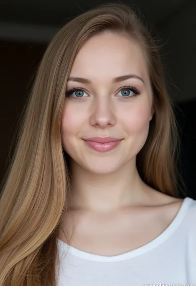 White girl smiling, heavy makeup, intimate face shot