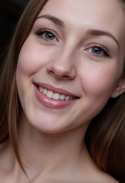 White girl smiling, heavy makeup, intimate face shot