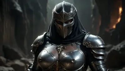Uber realistic, 8k, ultra detailed, ((massive ass:1.4)), ((massive breasts:1.4)), masterpiece, mature fantasy paladin warrior, (holy shining silver armor), holding polearm in right hand, underground cave, (full_helmet:1.3), closed_helmet, visor, (face covered:1.5), night, realistic detailed eyes, realistic detailed armor, realistic detailed body, realistic detailed skin, hkstyle, detailxl, <lora:add-detail-xl:1.5>, <lora:style_lora_realis:1>, <lora:dark:.8>, <lora:hkstyleV5:1>