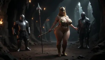 Uber realistic, 8k, full body ultra detailed, ((massive ass)), ((massive breasts)), masterpiece, mature fantasy paladin warrior, (holy shining silver armor), holding polearm in right hand, underground cave, (full_helmet:1.3), closed_helmet, visor, (face covered:1.5), night, realistic detailed eyes, realistic detailed armor, realistic detailed body, realistic detailed skin, hkstyle, detailxl, <lora:add-detail-xl:1.5>, <lora:style_lora_realis:1>, <lora:dark:.8>, <lora:hkstyleV5:1>