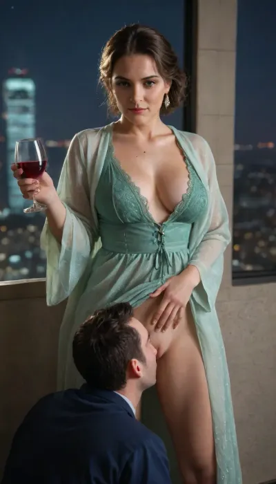Élégance dévoilée

- Oui.

Le chef-d'œuvre de l'élégance, une superbe chemise de soie émeraude verte brillant, complète parfaitement la robe de nuit de la meilleure qualité, car elle tient un verre de vin, son allure est captée par l'éclairage cinématographique sur un balcon spacieux avec des garde-corps en verre, surplombant l'horizon de la ville depuis le penthouse. La photographie capture tous les détails, rendus avec l'objectif Leica M10 et Summilux 50mm f/1 en focus vif, montrant le meilleur travail d'ombre, la clarté UHD 8K, et des effets d'éclairage hyperréalistes qui mettent la scène en vie.
