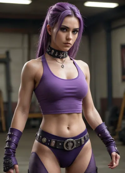 The character is a female with a strong, athletic build, suggesting she is physically fit and possibly trained in martial arts, given her confident fighting stance. She has long, straight hair that reaches past her waist, with a mix of white and purple streaks, giving her a striking and bold appearance. Her skin tone is light, and her overall physique is toned, with a balanced and proportionate frame. She appears to be of average height, with a poised and commanding presence. Accessories like a studded choker and arm bands hint at her edgy, punk-inspired style, even without her outfit.
