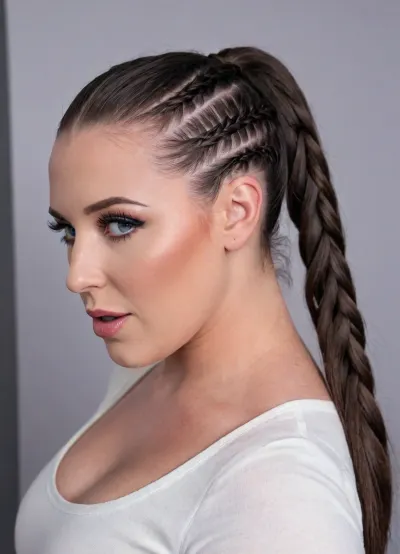 Ultra quality, 8K, masterpiece, perfect quality, pornstar Angela White, high braided ponytail, angelawhite, braided, side, <lora:angelawhite-xl:1.5>, <lora:Braided_Sides_V1:1.2>