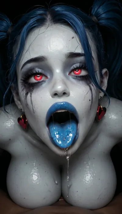 1girl, blue hair, blue eyes, white skin, (zombie skin), zombie, zombie makeup, (pale skin:1), (face close up), blue tongue out, lots of spit, saliva dripping down, ahegao, orgasm, sweating, red heart eyes, top down view, on knees, massive breasts, blue lipstick, twintails, ruined, makeup, <lora:xl_mega_twin_drills-1.0:.5>, <lora:dark:.6>, <lora:dvr-shrp:.8>, <lora:Image Enhancer XL Extreme v1:.8>, <lora:Rawfully Stylish v0.2_epoch_20:.7>