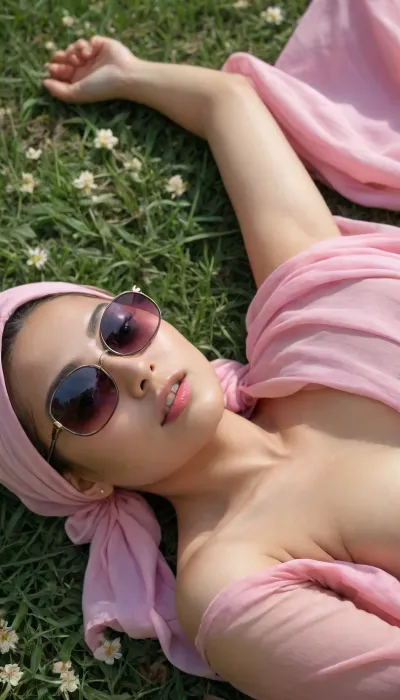 HD, realistic photography, beautiful young nude asian hijab girl lying down under tree on hot summer, strong sunlight through leaves, sunglasses, silk hijab, pink scarf, undercap, thin fabric long dress, tiny breast, nipple poking, seethrough tiny pussy, fair skin, sweating, closeup, above view, grass, wild flower