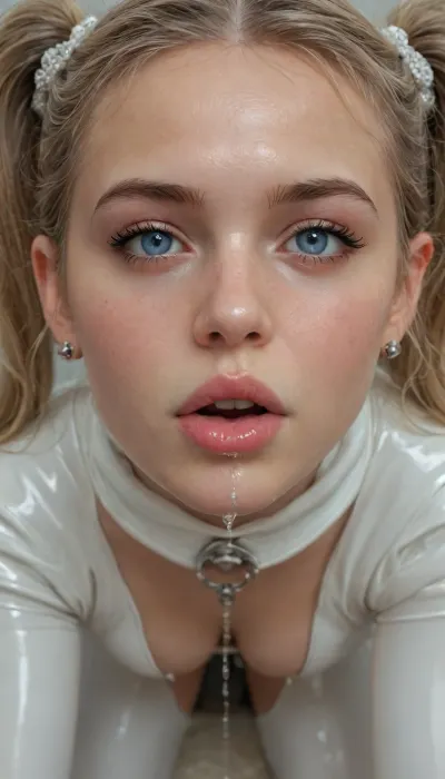 Masterpiece, 8k, extremely realistic, high quality, extremely clear, Woman riding huge anal bead chain, Fat and chubby overly curvy MILF, wearing pastel colored latex bodysuit with accents of white lace, blonde hair, pigtails, latex skirts, high heel boots, latex stocking, latex hooded face, long latex gloves, white latex bowtie on neck, latex covered skin, hood, red lipstick, dark mascara, (cunnilingus:1), wet face, semi rear view, highly detailed wet latex fabric, detailed latex shine, detailed eyes, fluorescent blue eyes staring at viewer, wet pussy, head close up, squirting, pissing in mouth, pee, piss, GapingAssholesAllFourQuiron, pose, all, fours, from, behind, ass, <lora:SDXL1.0_quiron_GapingAssholesAllFour_v5.1p_Lora:2>, <lora:detailed_notrigger:1>