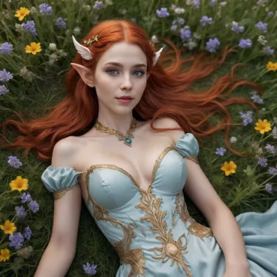 A highly detailed and vivid fantasy artwork in a dystopian yet endearing style, depicting a 21-year-old mischievous elf-like creature in a field of blooming wildflowers and grass, viewed from a bird's-eye view from above. She has long fiery red hair that falls down her body, an hourglass figure with a full bust, narrow waist and wide hips. The semi-transparent tunic barely covers her voluptuous curves. Her sharp claws and pointed elven ears are clearly visible as she lies on the bare ground with a playful fanged grin. Despite the gloomy setting, the scene exudes a whimsical charm, and the soft sunlight filtering through the clouds illuminates its bestial beauty. The art style combines elements of dark fantasy with a cute aesthetic, focusing on her youthful mischief and wild nature from this unique bird's eye view.