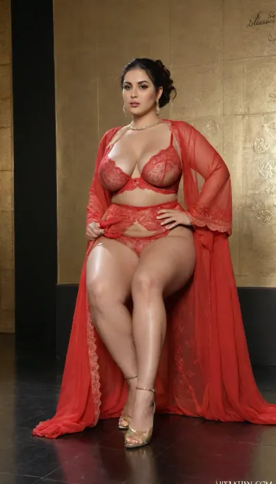 a high-fashion runway show featuring elegant red lingerie inspired by traditional Persian art and design, a confident Iranian female model with a curvy figure and medium skin tone walks the catwalk wearing a luxurious red lingerie set made of red lace and sheer red silk, adorned with intricate gold embroidery resembling Persian miniature patterns and Safavid-era motifs, the outfit includes a long, transparent tulle robe with calligraphy-inspired embroidery flowing behind her, the runway is softly lit with warm golden spotlights, reflecting off a glossy black floor, audience members sit in elegant attire, behind the model is a large decorative panel featuring geometric tile designs and Persian floral patterns, adding cultural depth to the modern fashion presentation, high-detail, editorial style