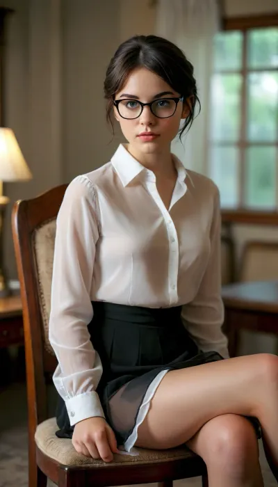 A modest and shy beautiful young girl wearing glasses with short dark hair. She is wearing business clothes, a black skirt and a transparent white blouse. She sits on a chair with her legs spread, covering her pussy. White panties, <lora:MJ52:1.4>, <lora:woman_squat_xl_lora-000031:.4>