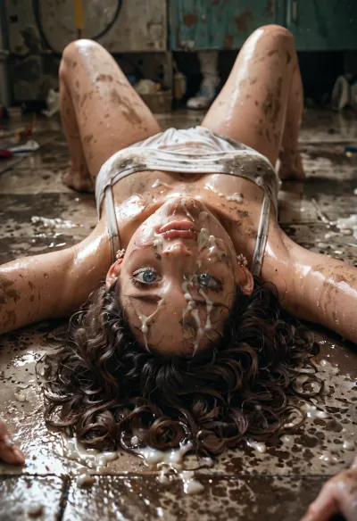 Girl lying on a dirty floor, she was gang-raped multiple times and for hours and so she looks, there is cum from at least 30 men on her.