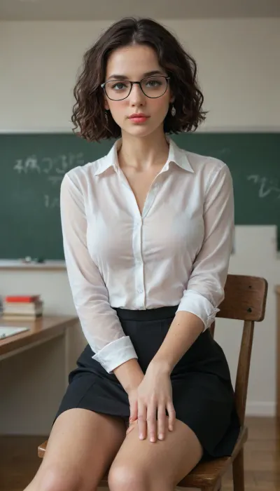 A modest and shy beautiful young teacher with glasses and short dark hair. She is wearing business clothes, a black skirt and a transparent white blouse. She sits on a chair with her legs slightly apart. From under her long skirt you can see white panties