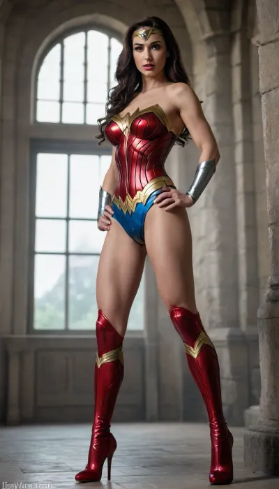 Wonder Woman masterbaring, in this photo taken at the vampire castle, description of a woman, tall, slender, with long legs, giant round tits, shaved pussy, high heels, lush long hair, slender legs, elastic ass, she is 20 years old, stands tall, legs wide apart, leaning forward, provocative makeup, an expression of orgasm is written on her face, muscles and veins protrude on her legs, naked, superheroine, front and side view, looks at the viewer, breasts fell out of the neckline, naked pussy, nsfw