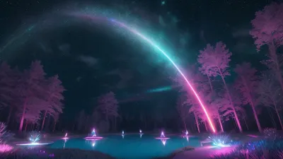 2girls, lesbian, large pink strap on, huge cyan dildo, Detailed background, night, very bright moonlight, outside, forest, green grass to water, pond, magic pond, pink and cyan glows from glitter in the air, bright glowing tiny points of light in air, pink sparkles in the air, glowing creatures, colourful wild life, glow flys, cyan sparkles in the air, many moons in sky, volumetric lighting, vivid colours, pink and cyan glows in atmosphere, g0thicPXL, Expressiveh