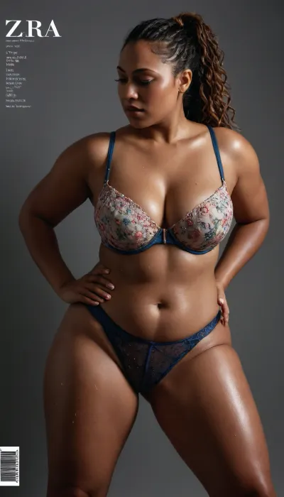 ((ZARA product package COVER with title, barcode and other product details on it)), Photorealistic, (((Bra Package Cover))), Beautiful Bengali filipino Haitian 40 year old curvy woman with sweaty oily sweaty skin, ((sweaty curvy bottom heavy thick athletic body sweaty thighs with the whole body covered in sweat beads)), braided wavy hair, thong bra outfit, magazine front page, office background, sweaty body, full floral outfit, sexy cuddle sexual romance pose, sideview, (((sweaty oiled skin:1):3))