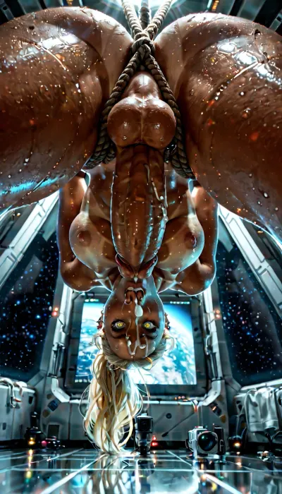 scene, (spaceship_in_orbit, sci-fi_lab, glowing_metal_floor), lighting, (glow_effect, spotlight_on_person_1, strong_backlight), camera, (from_below, pov, wide_angle), person_1, (suspended_in_air, restrained_by_rope_and_handcuffs, legs_spread, autofellatio_attempt), appearance, (futanari, athletic_body, blonde_hair, tanlines, sweaty_skin, glistening_skin, full_lips, scared_expression), fluids, (cum_on_face, cumdrips_from_mouth, drooling), photo_effects, (17), cfg, (12), postPerson1, solo, solo_focus, suck_my_dick