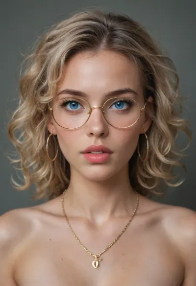 ultra high details, (((detailed face))), hyper realistic, masterpiece, realism, ultra realism, UHD 8K, best quality, natural light, Petite 18 year old girl, very small body, very skinny, small innocent face, skinny petite body, ((blue eyes)), eyes makeup, narrow hips, ((blond hair)), very small curly blond hair, ((voluminous hair)), african curly, hoops earrings, eye-liner, mascara, pink lipstick, perfect teeth, big gold glasses, thick lips, necklace, round face, she sticks out her tongue