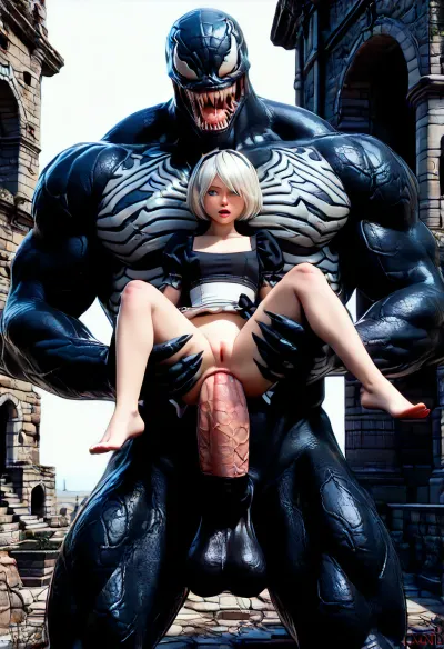 2B, white hair, short hair, black clothes, blue eyes, black hairband, yorha no. 2 type b, ruins, small frame, red eyeshadow, looking away, dynamic view, pussy focus, small innie pussy, tiny ass, (size difference:1.6), full body view being fucked by a huge Venom, carry fuck, gaping anal sex, (brutal thick monster cock:1.6), onarmor, meatshield, fannypacking, <lora:267502_training_data:.5>, <lora:onarmor_xl:.8>
