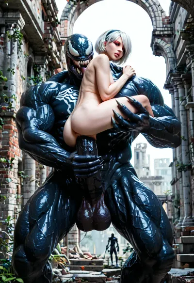 2B, white hair, short hair, black clothes, blue eyes, black hairband, yorha no. 2 type b, ruins, small frame, red eyeshadow, looking away, side view, small innie pussy, tiny ass, (size difference:1.6), full body view being fucked by a huge Venom, carry fuck, anal sex, (brutal thick monster cock:1.6), onarmor, meatshield, fannypacking, <lora:267502_training_data:.5>, <lora:onarmor_xl:.8>