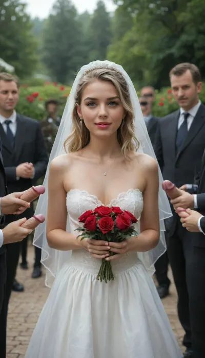 A, (petite bride), long blonde hair, stands in a rose garden. She is facing the viewer. She laughs with anticipation.
The bride wears a beautiful white weddingdress with her tits out. The bride holds a big handmade sign with Text "Ready for my, Wedding Gangbang". A large group of white and black male wedding guests in suits in the background looking on. looking at camera, best quality, High Details, Sharp focus on face.