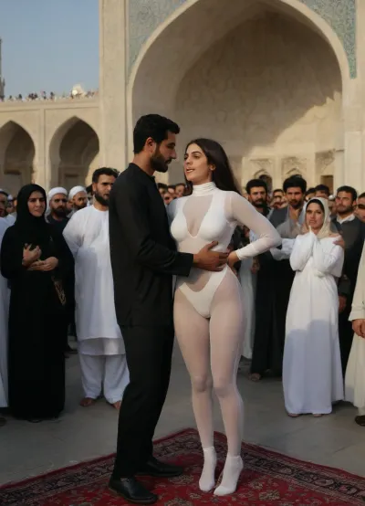 black skin arab man grabs the iranian girl's boobs, slut in Mashhad city, wearing mesh white fullbodysuit, Iranian woman warping iran's flag around herself, Arab men wearing traditional Arabic outfits, many arab men, Near the shrine of Imam Reza, curvy iranian slut.