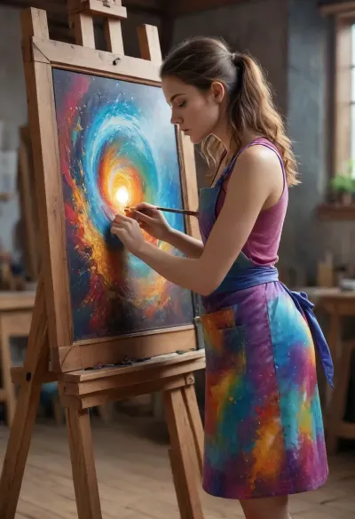 An beautiful female artist creating a portal to a different world, apron with color splashes, wood frame, easel, bright, colorful, magical, fantasy, ultra detailed
