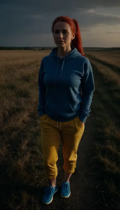 Low Perspective, closeup front view, sexy curvy czech 55yo woman wandering, blue hoodie, wide sloppy yellow fabric trousers, blue nikes, red hair in a ponytail, wide square face, smiling, in the grassland at sunset, <lora:dark:.4>