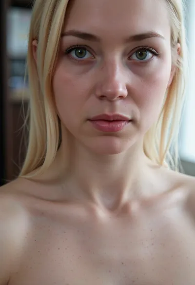 White woman, sad looking, intimate face shot, blonde, shy