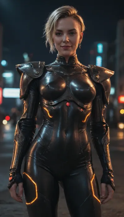 (lazypos), (lazyreal), (jeddtl02), realistic, high_quality, best_quality, highres, masterpiece, professional, cinematic, 8k, detailed, subject_focus, depth_of_field, perfect_face, detailed_eyes, perfect_hands.
Neonpunk_style, cyberpunk, vaporwave, neon, vibrant, crisp, ultramodern, (blue_highlights:.8), (dark_red_shadows:.8), high_contrast, vivid_colors, contrasting_colors, detailed_background, dramatic_lighting, volumetric_lighting, cinematic_lighting.
Portrait of mature woman in cyberpunk style, 1woman, (mature:1.3), (milf:1.3), confident, beautiful, attractive, alluring, aged_perfection, tall, athletic, fit_body, sculpted_body, supermodel_body, medium_perky_breasts, midriff, wide_hips, broad_waist, thick_thighs, strong_legs, toned_legs, short_hair, (undercut_hairstyle:1.2), (boycut_hair:1.2), platinum_white_hair, side_bangs, stylized_cyberpunk_hairstyle, (sparkling_blue_eyes:1.2), (looking_at_viewer:1.2), full-body_black_cybernetic_suit, latex_bodysuit, armored_shoulder_pads, armored_armlets, (protective_metal_armorplates:1.5), (detailed_shiny_armorplates:1.5), suit_accentuates_body_curves, (glowing_neon_light_strips_on_armor:1.5), smug_expression, dominant_smile, sultry_gaze, titlted_head, looking_at_viewer.
Futuristic_city_background, neno_lights, nighttime, partial_darkness, contrasting_surroundings, rain, wet_surfaces, reflections.
Solo, cowboy_shot, (close_shot:1.3), three_quarter_view, from_side, from_below, standing, (dynamic_pose:1.2), (seductive_pose:1.2), (sexy_pose:1.2), dominant_pose, contrapposto.