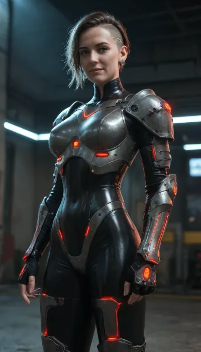 (lazypos), (lazyreal), (jeddtl02), realistic, high_quality, best_quality, highres, masterpiece, professional, cinematic, 8k, detailed, subject_focus, depth_of_field, perfect_face, detailed_eyes, perfect_hands.
Neonpunk_style, cyberpunk, vaporwave, neon, vibrant, crisp, ultramodern, (blue_highlights:.8), (dark_red_shadows:.8), high_contrast, vivid_colors, contrasting_colors, detailed_background, dramatic_lighting, volumetric_lighting, cinematic_lighting.
Portrait of mature woman in cyberpunk style, 1woman, (mature:1.3), (milf:1.3), confident, beautiful, attractive, alluring, aged_perfection, tall, athletic, fit_body, sculpted_body, supermodel_body, medium_perky_breasts, midriff, wide_hips, broad_waist, thick_thighs, strong_legs, toned_legs, short_hair, (undercut_hairstyle:1.2), (boycut_hair:1.2), platinum_white_hair, side_bangs, stylized_cyberpunk_hairstyle, (sparkling_blue_eyes:1.2), (looking_at_viewer:1.2), full-body_black_cybernetic_suit, latex_bodysuit, armored_shoulder_pads, armored_armlets, (protective_metal_armorplates:1.5), (detailed_shiny_armorplates:1.5), suit_accentuates_body_curves, (glowing_neon_light_strips_on_armor:1.5), smug_expression, dominant_smile, sultry_gaze, titlted_head, looking_at_viewer.
Futuristic_city_background, neno_lights, nighttime, partial_darkness, contrasting_surroundings, rain, wet_surfaces, reflections.
Solo, cowboy_shot, (close_shot:1.3), three_quarter_view, from_side, from_below, standing, (dynamic_pose:1.2), (seductive_pose:1.2), (sexy_pose:1.2), dominant_pose, contrapposto.