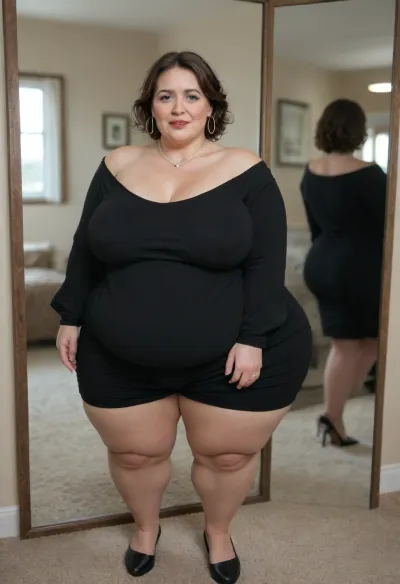 (obese:1.5), sexy granny mature, sexy 65 years old, brunette, long wave messy hair, messy hair, chubby, wide hips, huge culottes, very saggy boobs, extreme saggy tits, naught sexy orgasm face, orgasm face, glamour, make up, lipstick, big hoop earrings, necklace, full body view, looking at the viewer, mirror, at the fancy room, sexy pointed stilettos, pointed stilettos view, foot fetish, fancy glamour lady, very horny ready for sex, big culottes, culottes very huge, whore bitch lady, fupa, cameltoe, silk, black sweater dress, cellulite