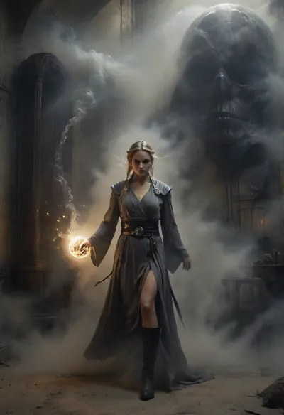Uber realistic, 8k, ultra detailed, masterpiece, Star wars blonde woman, (flat-chested:.7), slender, female, hair with a long braid, grey sexy robes, black belt, black boots, perfect face, glowing eyes, full Body Photo in sci fi setting, Future, Star wars, In the background a shadowy ghostly apparition of Darth Vader appears oversized and threatening in the thick smoke, Black, and, white, art, black, shading, charcoal, toned, brutal, dark, b/w, color, scheme, cloudy, smoke, atmospheric, clouds, fog, duel, magical, fire, magic, spell, fireball, element, water, ball, orb, air, wind, earth, rock, plant, sand, TIE, fighter, <lora:Black and white art.V1:.4>, <lora:Cloudy_Style:1>, <lora:Magical duel - SDXL v2.0:.8>, <lora:TIE fighter:1>, <lora:Aether_Ghost_v1.1_LoRA:.8>
