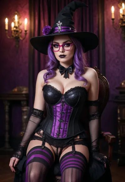 Witch, sitting, holding skull, dark purple and black striped thigh highs, low-cut black corset top, dark witch hat, pink glasses, dark background, gothic aesthetic, slightly exaggerated features, large breasts, studio setting, ornate dark background with pipes, dim lighting, white skull, soft lighting