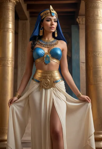 Egyptian queen, full body, strong female form, bronze skin, reddish tones, detailed jewelry, gold and blue embellishments, headdress, flowing light beige transparent draped garment, ancient Egyptian setting, wooden beams and supports, golden accessories, impressive bust, high-waisted skirt, soft lighting, hyperrealistic skin, expression is confident and alluring, medium perspective.