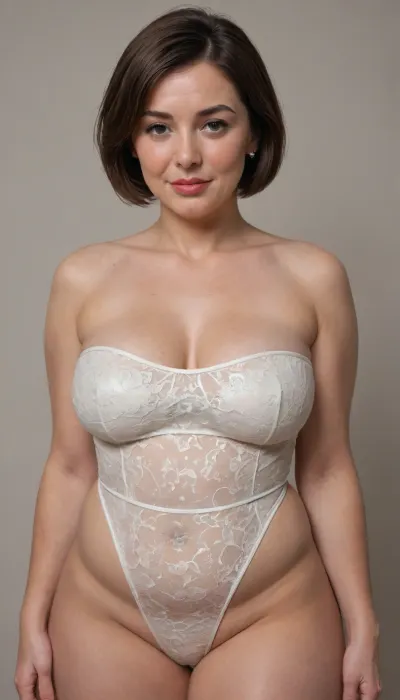 (chubby:1.5), (gilf:1.4), (((BODY FACE FRONT, Looking FRONT))), bbw, curvy, chubby, fifty-year-old woman, Helen Parr, ultra detailed, masterpiece, best quality, extremely detailed, sharp focus, bob cut brunette hair, ((lowcut v-neck leotard)), ((silk big white wide fullback panties, full brief, high-waist, high-cut, full coverage high panties)), big hips, parted lips, full lips, smile
