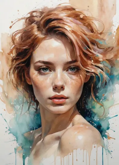 A mesmerizing portrait of a woman by Agnes Cecile, reimagined with luminous design and pastel hues. Copper brush strokes dance across the canvas, ranging from light rose gold to deep bronze and hints of greenish-blue. These strokes create a partial frame, accentuating the woman's features with delicate highlights on hair and facial contours. Sweeping copper strokes in varying opacities add depth and movement to the background, seamlessly blending with existing ink drips. Textured brushes mimic real copper paint, alternating between thin and bold strokes for visual intrigue. The copper elements interact with autumn lights, catching and reflecting luminous highlights. Pastel colors and ink drips harmonize with the metallic accents, creating a multi-layered, tactile experience. The final piece balances luminous qualities with copper elegance, resulting in a breathtaking fusion of traditional and contemporary artistic techniques.

1woman, 42yearsold, messy hair, open mouth