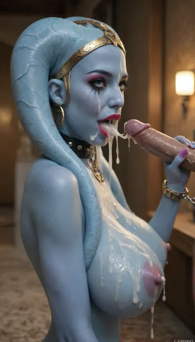 Masterpiece 3/4 portrait, (((Fwip Garsa blue skin twi’lek alien from Star Wars))), 40 years old, (((sexy twi'lek MILF))), mature, tall, slim, graceful, elegant, classy, (((completely blue skin, blue skin face))), blue skinned legs, blue skin arms, best quality, masterpiece, POV view, high resolution, rough skin, detailed eyes, (((big huge fake tits topless:1.5))), (((bdsm slave collar))), (((man pulling chain leash:1.5))), ultra deep tanned, broad shoulders, big tits, beautiful detailed eyes, depth blur, visual key, vibrant, very detailed, inside a desert adobe hotel lobby, choker, opulent jewelry, soft and warm lighting, luxury details in the background, ultra-detailed, sophisticated ambiance, smiling at the viewer, accurate hands, detailed fingers, happy smiling, (((slutty bimbo heavy eyeshadow, mascara, lipstick:1.5))), (((giving a handjob:1.5))), 1man, penis, (((angled side view))), (((excessive cum in mouth, cum dripping from face, cum on tits)))