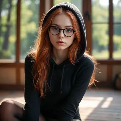 Young skinny Girl, view from front, looking at viewer, light red hair, long hair, glasses with black rim, slim, (warm ambient light:.5), (shadows:1.4), RAW image, Canon EOS R3, DSLR photo, 8k, best quality, (realistic, photo-realistic:1), (8k, RAW photo, best quality, (intricate details), perfect eyes, (perfect face), perfect lighting, beautiful, (best quality:1.2), very slender elegant young skinny girl with beautiful eyes, (long legs), perfect hands, ((wearing black Hoodie)), ((wearing no panties and no pants)), ((Extremely detailed tights)), (naked waist), (Leg gap), (very slender body), wide Spread legs, ((very hairy)), ((big bubble butt ass)), looking at viewer, outdoors, arched back, mooning), detailxl, <lora:add-detail-xl:.5>, <lora:MJ52:.4>