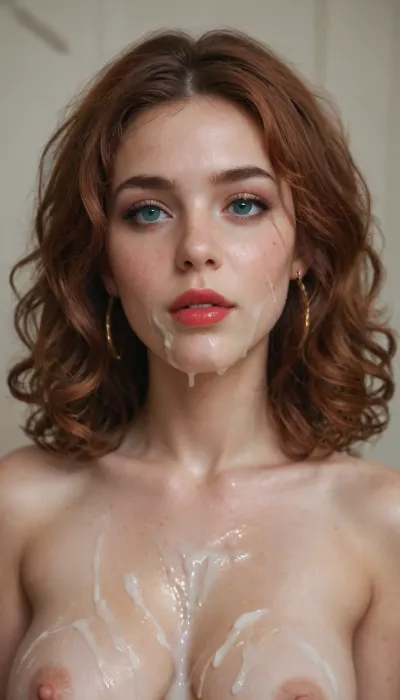 18-year-old girl, deep red hair, long curly hair, round cyan eyes, freckles, full red lips, larger lower lip, Roman nose, round face, soft glitter makeup, eyebrows as red as hair, gold hoop earrings, excessive cum everywhere, excessive cum on face, excessive cum on breasts, excessive cum on body, excessive cum on hair., woman, cum, on, face, <lora:JustCum:1.6>