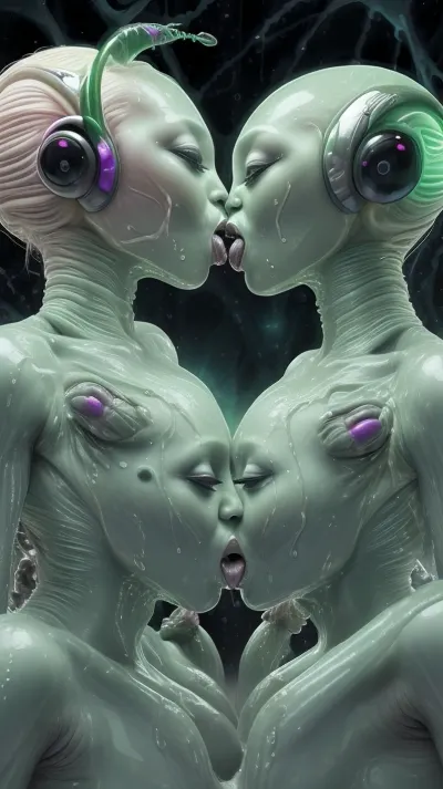 2 alien hermaphrodite lesbians licking eachothers wet pulsating vaginas and intertwining their dicks together