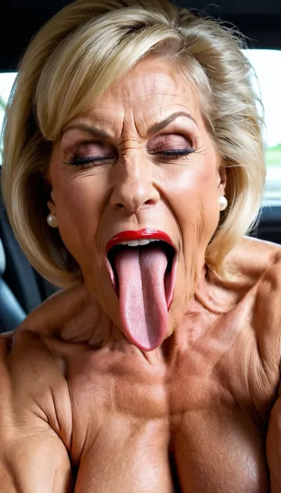 streches out her extra long tongue, (big fleshy tongue), close up her pussy, closed her eyes, squatting, naked, close up her face, close up vagina, enjoy with smiling her orgasm, bulging red lips, fake silicon big mouth, extreme big lips and mouth, blonde hair granny, very old gilf, hard muscle stiration, skinny hard muscle body, very broad big mouth, black ponytail hairstyle, hair, marina beaulieu milf, extremely muscular gilf, with wide muscular shoulders, abs, high muscle definition, very thin fat free skin, massive bodybuilding milf, bulging lips, granny want sex, wide mouth, round big boobs, happy sinful gilf, squatting in a car, blonde hair, very short pixie black buzzcut hair, close up mouth, muscle_bimbo, old dominatrix lady, lora, Muscle_Bimbo_SDXL, make up, pearl jewellery