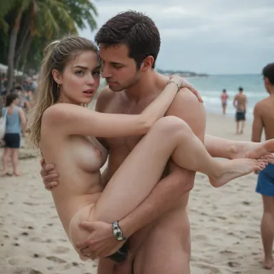 Very petite White Girl getting fucked by a huge Black penis in standing carry position on a Public beach. Many people are watch Ing. The guy fucking her is almost ad Double her size