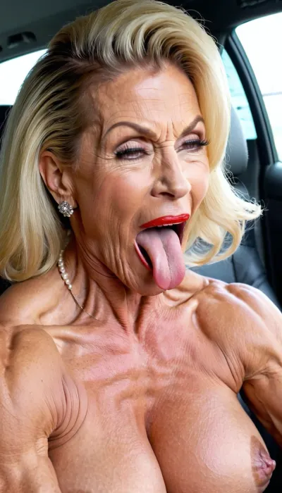 streches out her extra long tongue, (big fleshy tongue), close up her pussy, closed her eyes, squatting, naked, close up her face, close up vagina, enjoy with smiling her orgasm, bulging red lips, fake silicon big mouth, extreme big lips and mouth, blonde hair granny, very old gilf, hard muscle stiration, skinny hard muscle body, very broad big mouth, black ponytail hairstyle, hair, marina beaulieu milf, extremely muscular gilf, with wide muscular shoulders, abs, high muscle definition, very thin fat free skin, massive bodybuilding milf, bulging lips, granny want sex, wide mouth, round big boobs, happy sinful gilf, squatting in a car, blonde hair, very short pixie black buzzcut hair, close up mouth, muscle_bimbo, old dominatrix lady, lora, Muscle_Bimbo_SDXL, make up, pearl jewellery