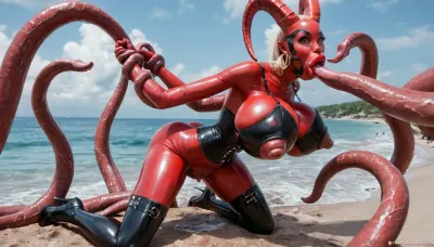 1 woman alien bimbo, (very skinny:1.5), (red tall woman:1.3), (red full body latex suit:1.5), (latex is iridescent:1.5), (Breasts covered in latex:1.5), (latex face:1.5), (Black latex stockings:1.5), (black latex corset:1.5), (black latex bra:1.5), very slutty face, (Giant swollen nipples:1.5), very surprised, beach, (doggy, fucked from behind by a futanari Bimbo:1.5), close-up, ultrarealism, masterpiece, alien tongue, vaginal sex, nipple creampie, cum spurting from mouth, ((massive breasts:1.2)), (long horns, red eyes:1.5), (alien woman:1.5), makeup, narrow waist, glowing eyes, look at viewer, earrings, ring gag, gagged, drooling, (absurdly huge puffy lips:1.5), excited look, (glossy red lipstick:1.2), high detailed face, thin, big breasts, wide hips, Horse Pussy, (extremely swollen inner labia:1.5), (extremely swollen labia:1.5), (extremely swollen clitoris:1.5), ((hands grab boobs)), (Large Tentacles fuck her mouth:1.5), (large tentacles fuck pussy:1.5), rear view, rear focus, focus rear, Cinematic light, best quality, mega detailed, mega quality, high detailed, harness, garter, straps, cupless, bra, bmbplora, tentacles, Latex, <lora:Harness_Straps_sdxl:.5>, <lora:bimboxl_02:.5>, <lora:MS_Real_XL_Tentacles:.5>, <lora:LatexXLv11:.5>