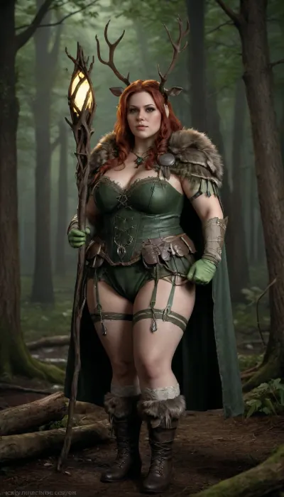 Adult woman, bbw, (white lace stocking, green shoe, green corset, green gloves, green cape, wooden staff, deer antlers on the head, bone jelly), side view, wet pussy, standing in dark forest, flover, serious face, full body, plumber labia, (huge sagging tits, bbw woman, huge tits), sexy face, beautiful hair, red hair, Her hair is tied up in a bun, deep focus, realistic details, ISO 100, realistic pictures, unique graphics, 8k, wallpaper, Hd, <lora:220437_training_data:2>, d4d, druid, <lora:diablo_4_druid_xl_v1:.8>, fur, cape, fantasy, armor, full, Antlers, leather, boots, rope, belt, trinkets, on, gauntlets, of, wood, A, staff, made, with, a, floating, crystal, <lora:DruidXL:.8>