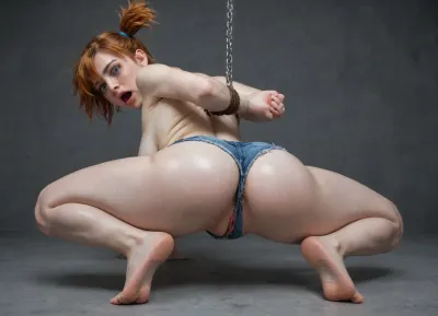 (shot from rear), ((random pose)), full body view, ((misty)), iconic orange hairstyle, exposed ass, jean shorts on the floor around her ankles, bare feet and visible soles with highly detailed arches, short athletic legs with pale juicy ass, age 30, thick athletic thighs, in bondage, device bondage, machine spreads the cheeks of her thick athletic ass, predicament bondage, machine gape, giant horny pokemon line up to fuck her ass, she screams for help, (freckles), (white skin:1.8), glow, seductive look, oiled body, tied up in chains, hands behind back, ((hands tied back)), ((large exposed sagging tits)), ((painful expression)), ((topless)), shocked expression, (pale skin:.8), (tears in eyes:1.5), (running makeup), wide eyes, screaming, shocked, tearful, ultra hd, photorealistic, highly detailed, high resolution, perfect lighting, natural lighting, (masterpiece:1), perfect anatomic body, Uber realistic, ultra detailed, masterpiece, detailxl, 35mm photograph, film, professional, 4k, 1girl, hdr, photographic, ultra realistic, ultra high details, back light, (dynamic pose), best quality, proper physics, 8k, UHD, super high quality, super high resolution, extremely detailed, perfect face, perfect eyes, misty, (pokemon\), <lora:add-detail-xl:1.8>, <lora:Misty:1.8>