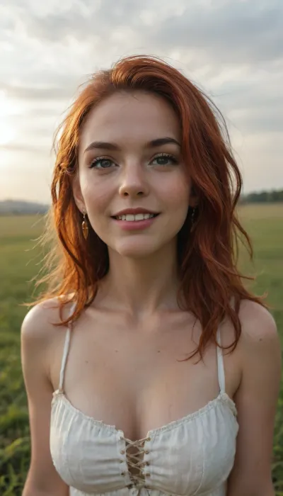 A highly detailed and vivid fantasy work of art in a dystopian yet endearing style, depicting a 21-year-old mischievous elf-like creature in a field of blooming wildflowers and grass, she has long fiery red hair flowing down her body, an hourglass figure with a full bust, narrow waist and wide hips. The semi-sheer tunic barely covers her voluptuous curves. Her sharp claws and pointed elven ears are clearly visible as she lies on the bare ground with a playful fanged grin. Despite the gloomy setting, the scene exudes a whimsical charm, and the soft sunlight filtering through the clouds accentuates its bestial beauty. The art style combines elements of dark fantasy with a cute aesthetic, focusing on her youthful mischief and wild nature.